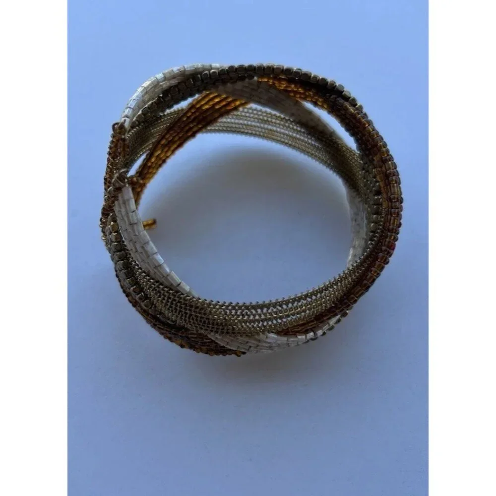 Vintage Glass Seed Bead Pieces Cuff Bracelet Brown Gold Y2K Women’s Sz 7.5”